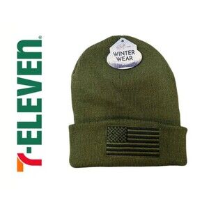 24/7 Life by 7-Eleven Green Beanie Hat USA Flag Embroidery One Size NWT Winter